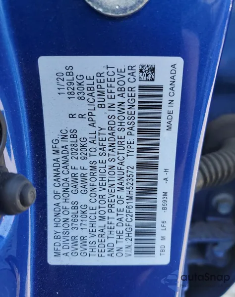 2021 Honda Civic Lx z USA, uszkodzony, nr VIN 2HGFC2F61MH523572